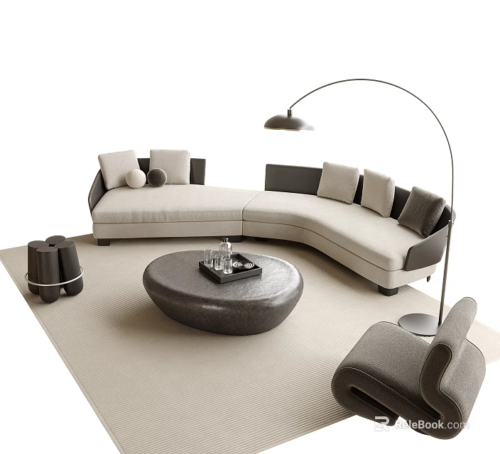 Modern L Shaped Fabric Sofa And Round Coffee Table Set With Floor Lamp And Cushions 3d model 