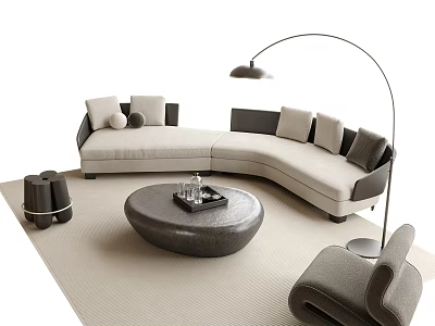 Modern L Shaped Fabric Sofa And Round Coffee Table Set With Floor Lamp And Cushions 3d model