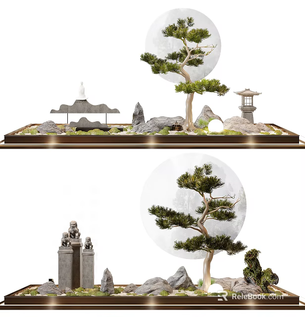 Miniature Garden Decor With Pine Tree Rockery Stones Lantern And Moon Elements 3d model
