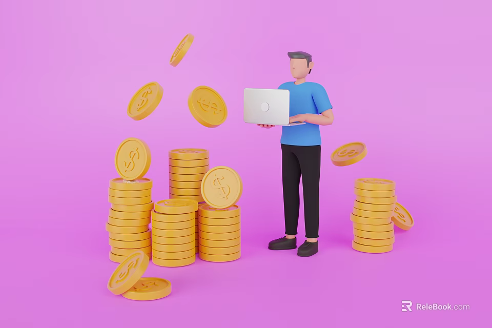 Man holding laptop surrounded by stacked gold coins and falling coins on pink background 3d model 