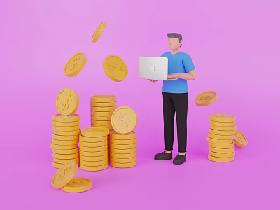 Man holding laptop surrounded by stacked gold coins and falling coins on pink background 3d model