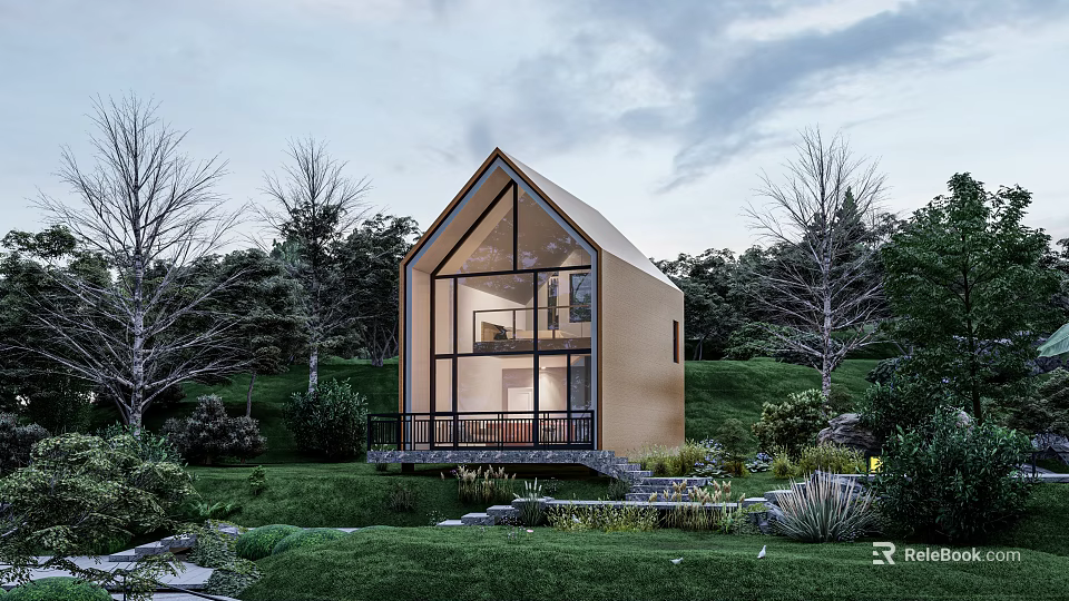 Modern Gabled Cabin Architecture With Expansive Glass Windows And Lush Green Landscape 3d model 