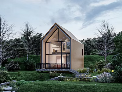 Modern Gabled Cabin Architecture With Expansive Glass Windows And Lush Green Landscape 3d model