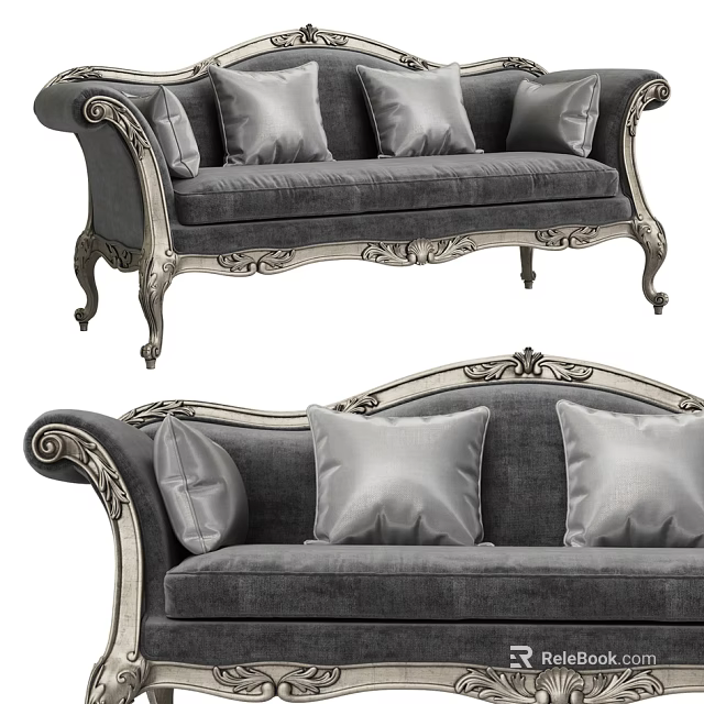 Classic Carved Gray Sofa With Ornate Arms Legs And Soft Cushions 3d model 