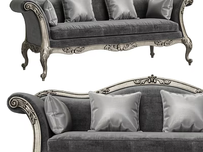 Classic Carved Gray Sofa With Ornate Arms Legs And Soft Cushions 3d model