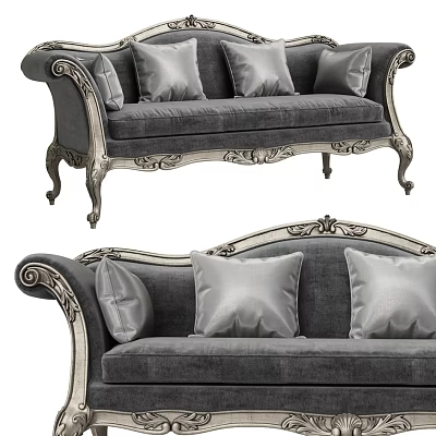 Classic Carved Gray Sofa With Ornate Arms Legs And Soft Cushions 3d model
