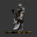 Fantasy Warrior Character Design with Horned Helmet Ornate Armor and Giant Axe on Stone Base