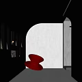 Modern Office Corridor With Black Arched Ceiling Gray Walls Red Chair And Side Lighting