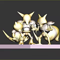 Three Yellow Game and Movie Action Figures Standing Squatting with Backpack on Pink Reflective Platform