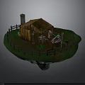3D Model of Small Wooden House with Fence Grassland Chimney and Barrel