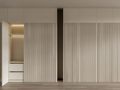 Modern Sliding Door Wardrobe With Vertical Striped Panels And Interior Storage 3d model