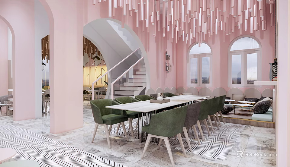 Café Interior With Pink Walls Hanging Decorations Staircase Green Chairs And Long Table 3d model 