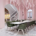 Café Interior With Pink Walls Hanging Decorations Staircase Green Chairs And Long Table