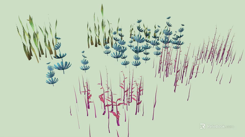 Various Forms of Plants With Green and Pink Stems and Leaves on Light Background 3d model 