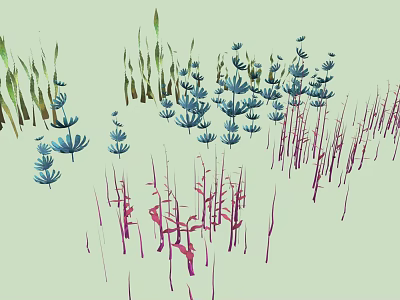 Various Forms of Plants With Green and Pink Stems and Leaves on Light Background 3d model