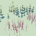 Various Forms of Plants With Green and Pink Stems and Leaves on Light Background