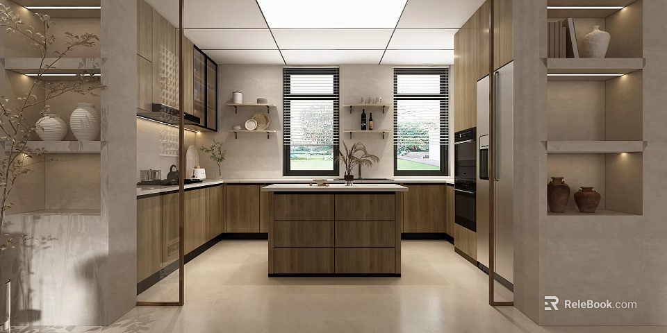 Modern Kitchen Interior Design With Wooden Cabinets Island Windows And Appliances 3d model 