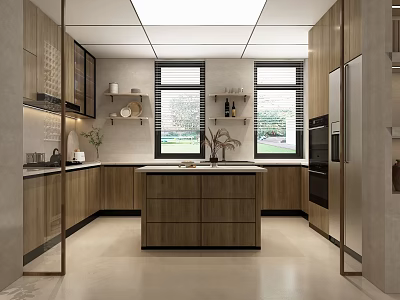 Modern Kitchen Interior Design With Wooden Cabinets Island Windows And Appliances 3d model