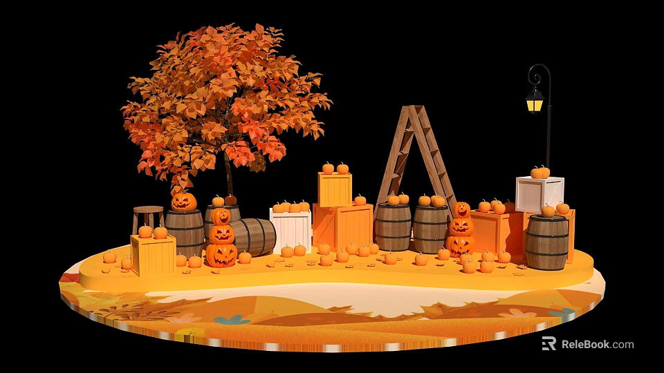 Autumn Themed Photo Spot With Orange Leaf Tree Pumpkins Wooden Barrels And Lantern 3d model 