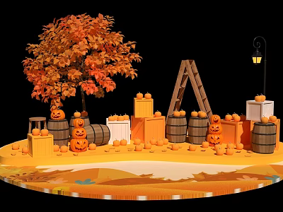Autumn Themed Photo Spot With Orange Leaf Tree Pumpkins Wooden Barrels And Lantern 3d model