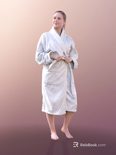 Woman In White Bathrobe Tying Belt Against Soft Pink Gradient Background 3d model 