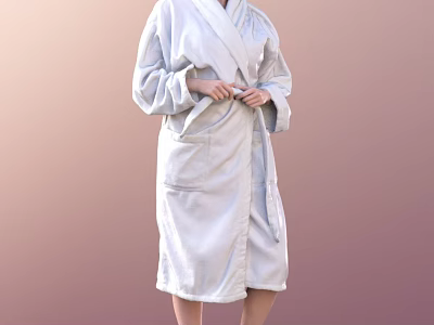 Woman In White Bathrobe Tying Belt Against Soft Pink Gradient Background 3d model
