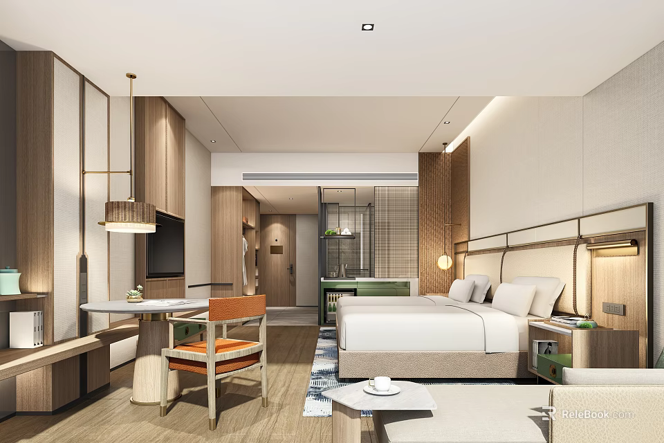 Modern Hotel Guest Room Interior Featuring Wooden Furniture Bed Table And Lighting 3d model 