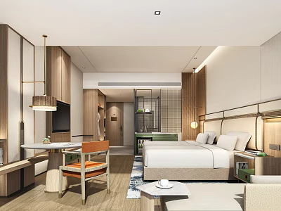 Modern Hotel Guest Room Interior Featuring Wooden Furniture Bed Table And Lighting 3d model