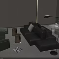 Modern Black Leather Sofa and Coffee Table Set With Green Accent Chairs and Floor Lamp