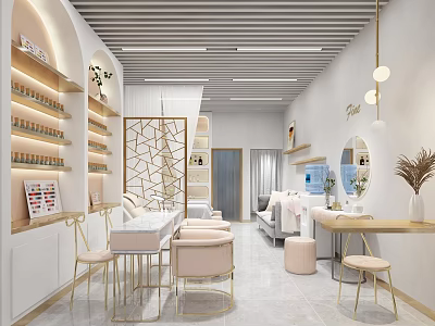 Elegant Beauty Salon Interior With White Gold Decor Mirrors Comfortable Seating And Product Shelves 3d model