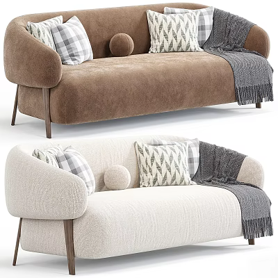 Brown And Beige Two Seater Sofas With Plaid Geometric Pillows Round Pillow Gray Throw Blanket 3d model