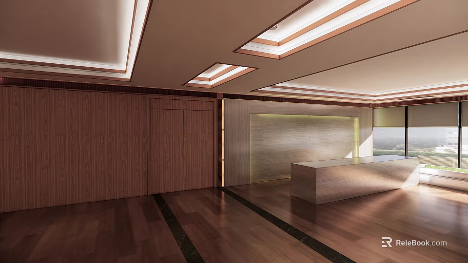 Modern Reception Desk Interior Design With Wooden Walls And Ceiling Lighting Features 3d model 