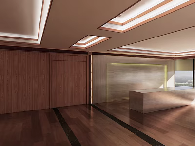 Modern Reception Desk Interior Design With Wooden Walls And Ceiling Lighting Features 3d model