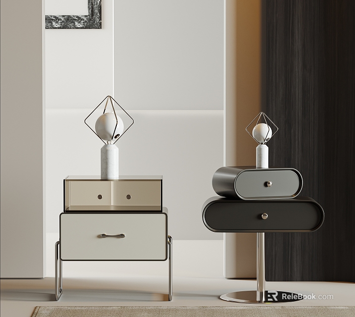 Modern Bedside Tables With Two Different Designs Diamond Shaped Lamps And Metal Legs 3d model 