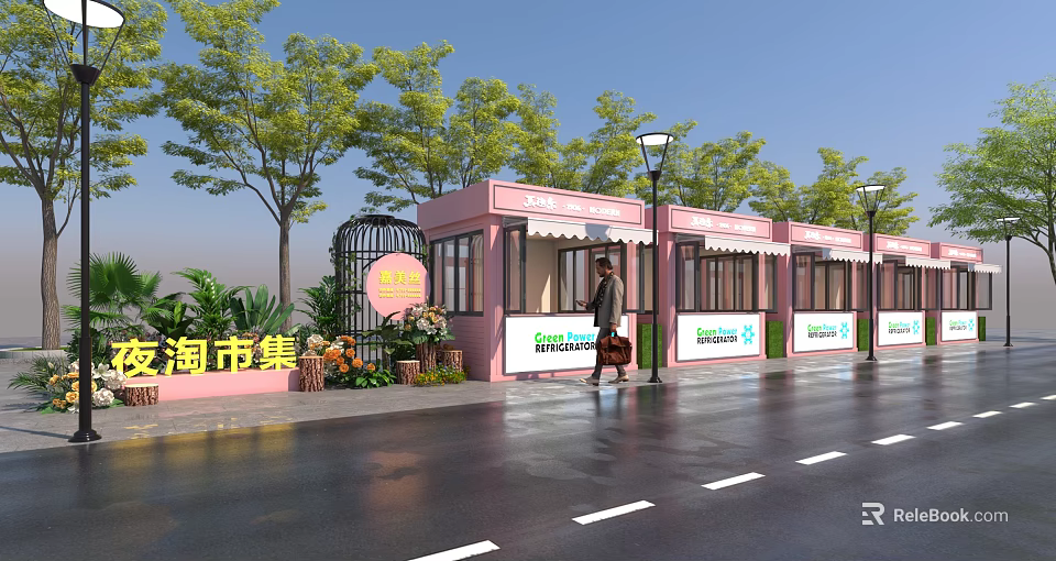 Vibrant Commercial Street with Pink Storefronts Market Signs Street Lamps Trees Pedestrians and Wet Pavement 3d model 