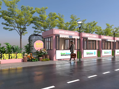 Vibrant Commercial Street with Pink Storefronts Market Signs Street Lamps Trees Pedestrians and Wet Pavement 3d model