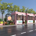 Vibrant Commercial Street with Pink Storefronts Market Signs Street Lamps Trees Pedestrians and Wet Pavement