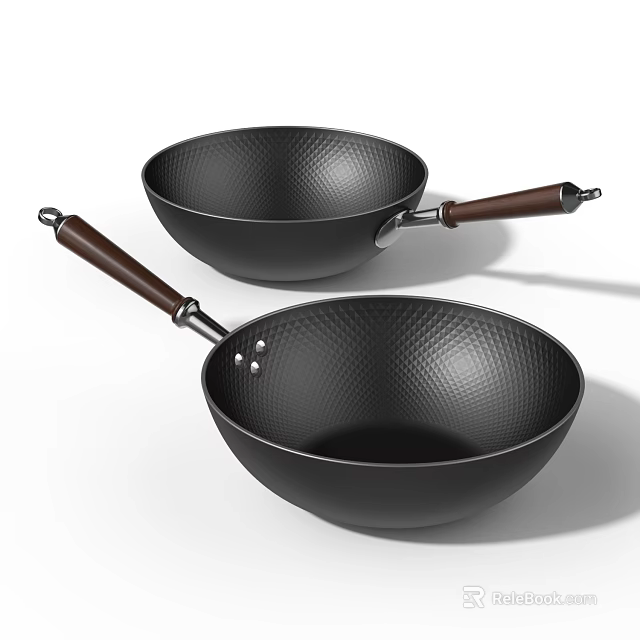 Two Black Textured Woks With Wooden Handles For Kitchen Cooking Tools 3d model