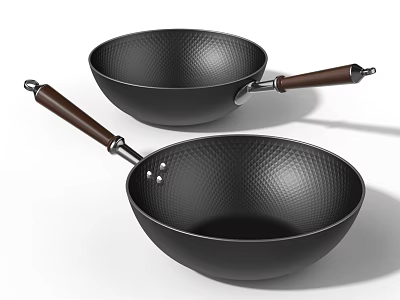 Two Black Textured Woks With Wooden Handles For Kitchen Cooking Tools 3d model