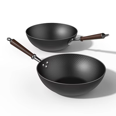Two Black Textured Woks With Wooden Handles For Kitchen Cooking Tools 3d model