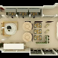 Elegant Restaurant Interior With White Columns Black Piano Circular Stage Wooden Partitions And Tables Chairs