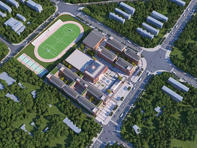 Modern School Building Complex Featuring Sports Field Running Track Lush Greenery And Surrounding Roads 3d model