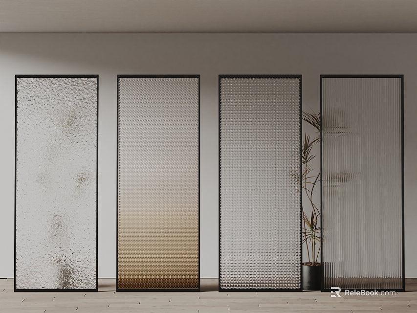 Modern Room Dividers With Frosted Glass Gradient Grid Patterns And Potted Plant 3d model 
