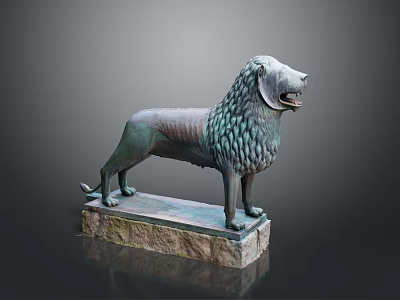 Ancient Bronze Lion Statue Standing On Stone Base With Detailed Mane 3d model