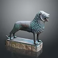 Ancient Bronze Lion Statue Standing On Stone Base With Detailed Mane