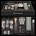 Organized Cutlery Set Arranged in Modern Kitchen Drawer with Forks Spoons Knives and Wooden Utensils