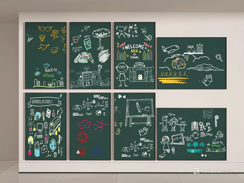 Colorful Hand Drawn Blackboard Wall Art With Classroom Illustrations And Welcome Message 3d model 