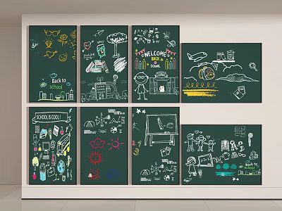 Colorful Hand Drawn Blackboard Wall Art With Classroom Illustrations And Welcome Message 3d model