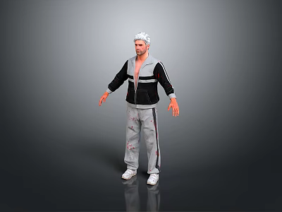Man With White Hair Wearing Black And Gray Jacket Gray Pants Red Stripes White Shoes 3d model