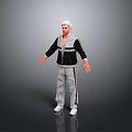 Man With White Hair Wearing Black And Gray Jacket Gray Pants Red Stripes White Shoes